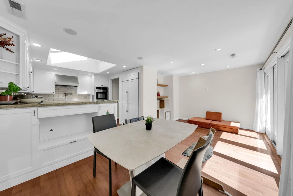 Dining room, Interior, Kitchen, Living room, Recessed Lighting, Stainless Steel Appliances, Wood Texture Flooring