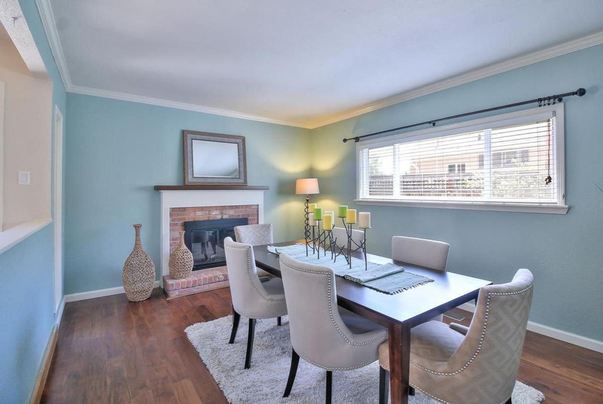 Dining room, Fireplace, Interior, Wood Texture Flooring