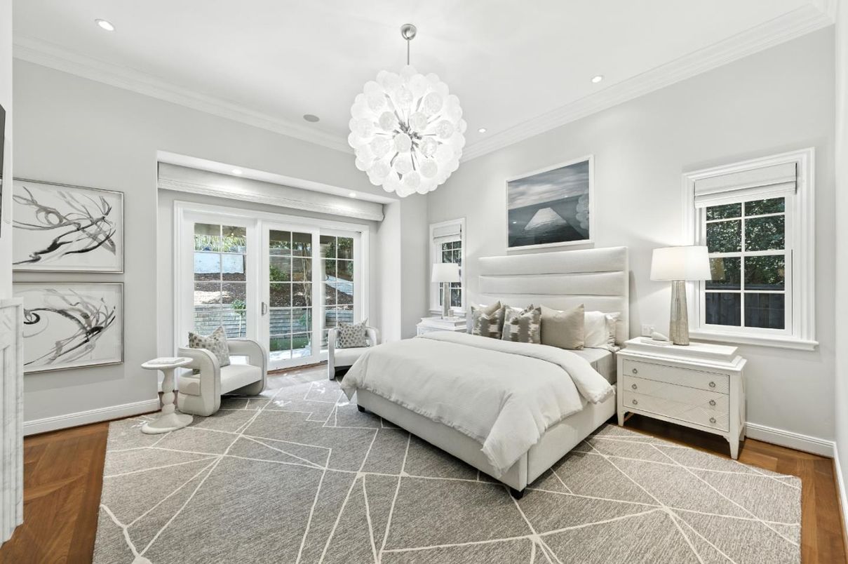 Bedroom, Chandelier, Interior, Recessed Lighting, Wood Texture Flooring