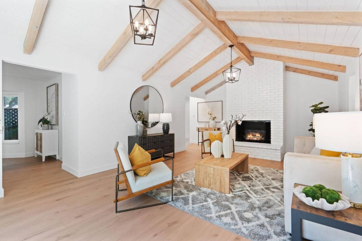 Fireplace, Interior, Living room, Pendant Lights, Stone Walls, Wooden Beams, Wood Texture Flooring