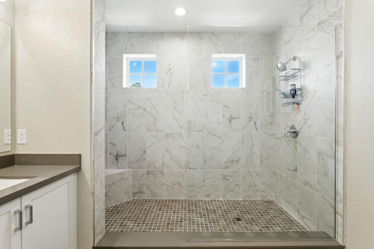 Bathroom, Glass Shower, Interior, Marble Walls, Recessed Lighting