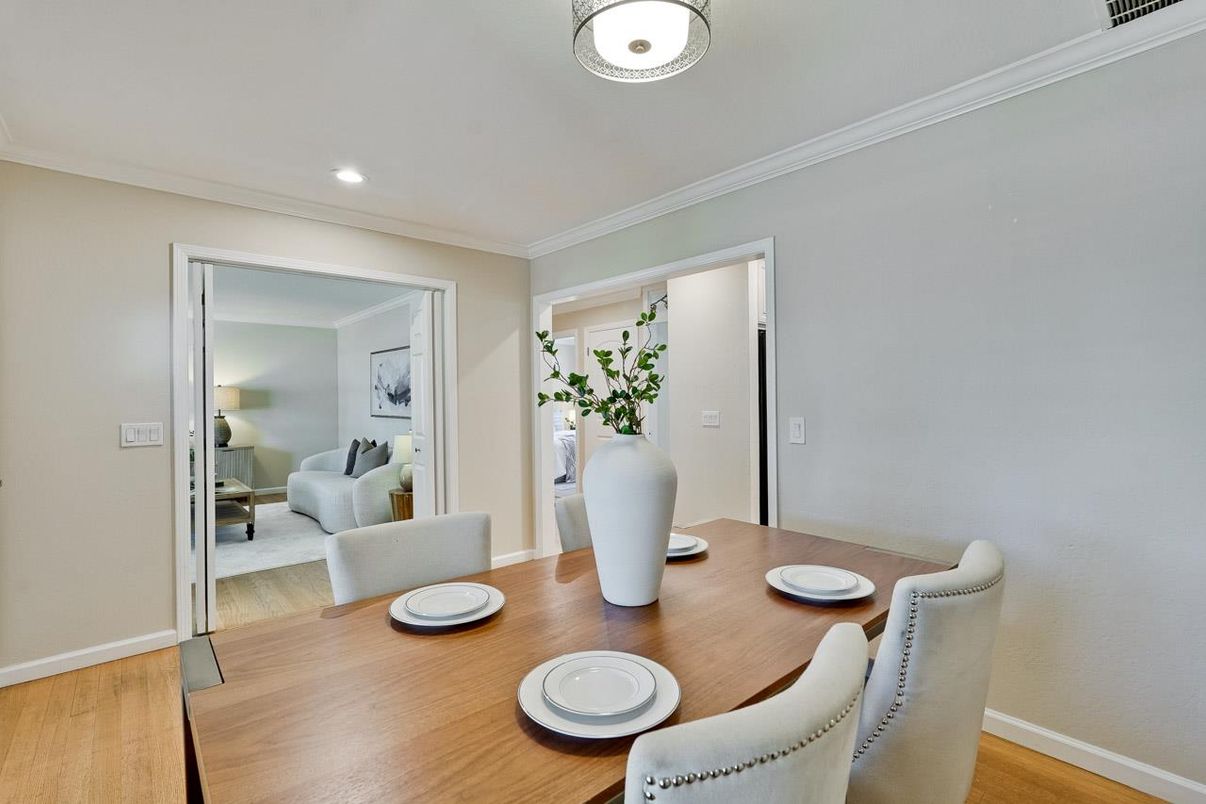 Dining room, Interior, Recessed Lighting, Wood Texture Flooring