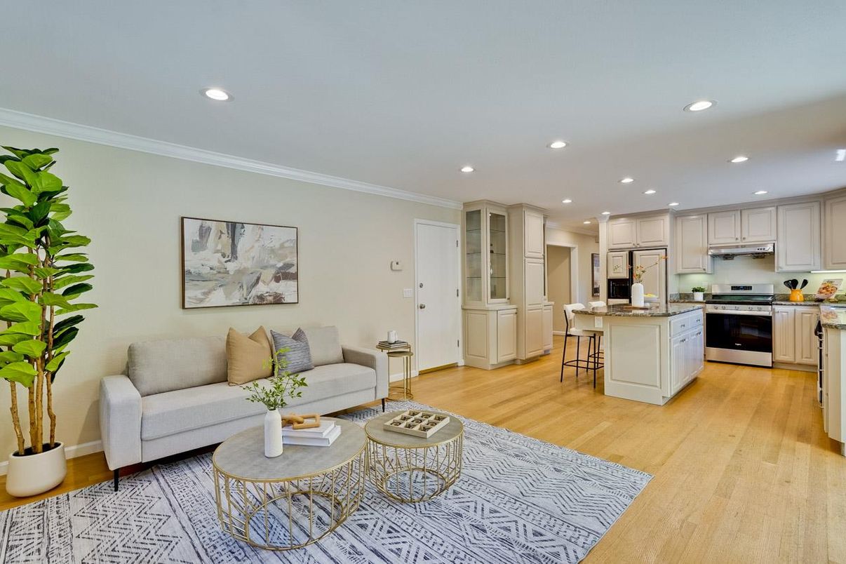 Interior, Kitchen, Living room, Recessed Lighting, Stainless Steel Appliances, Wood Texture Flooring