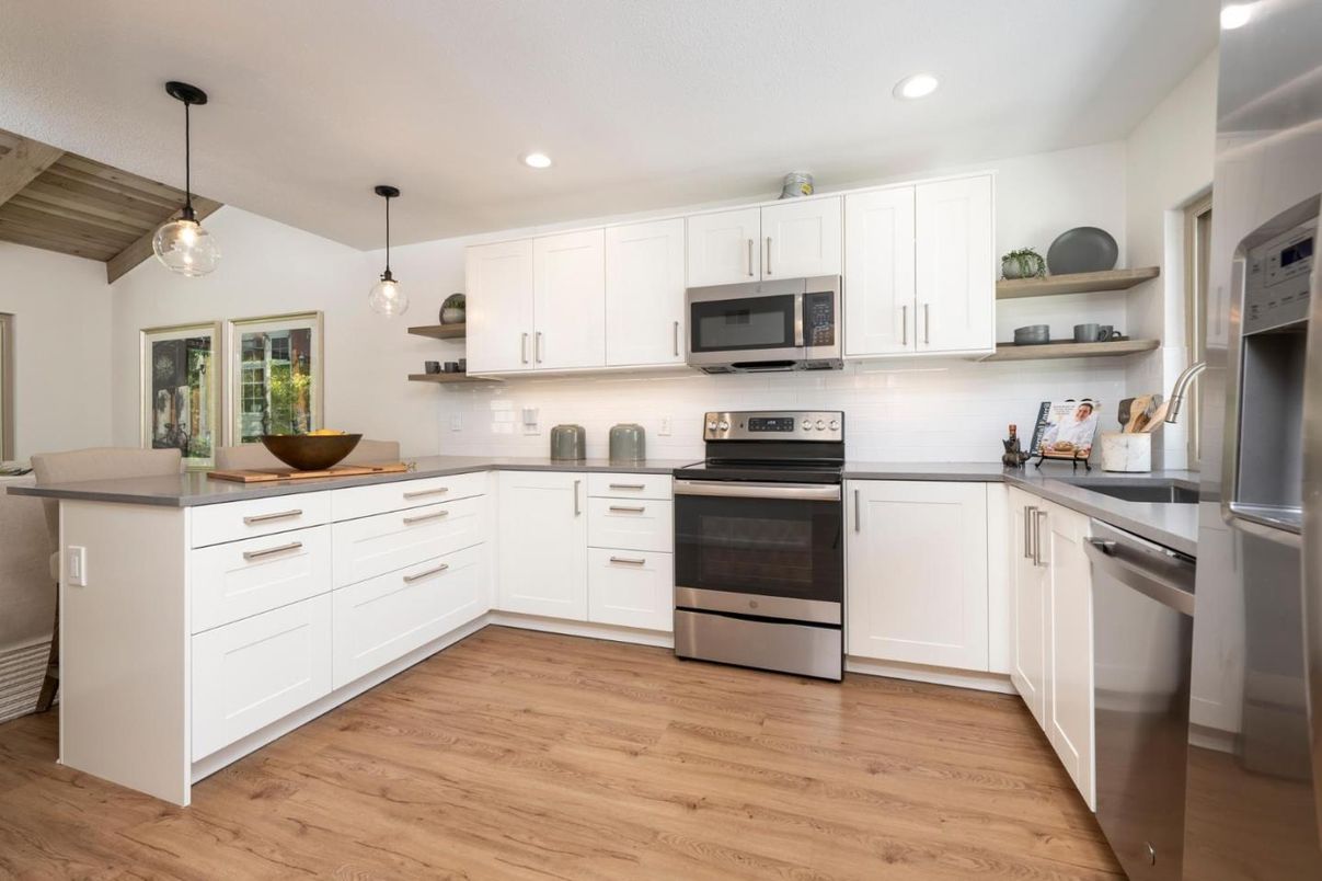 Interior, Kitchen, Pendant Lights, Recessed Lighting, Stainless Steel Appliances, Wooden Ceilings, Wood Texture Flooring
