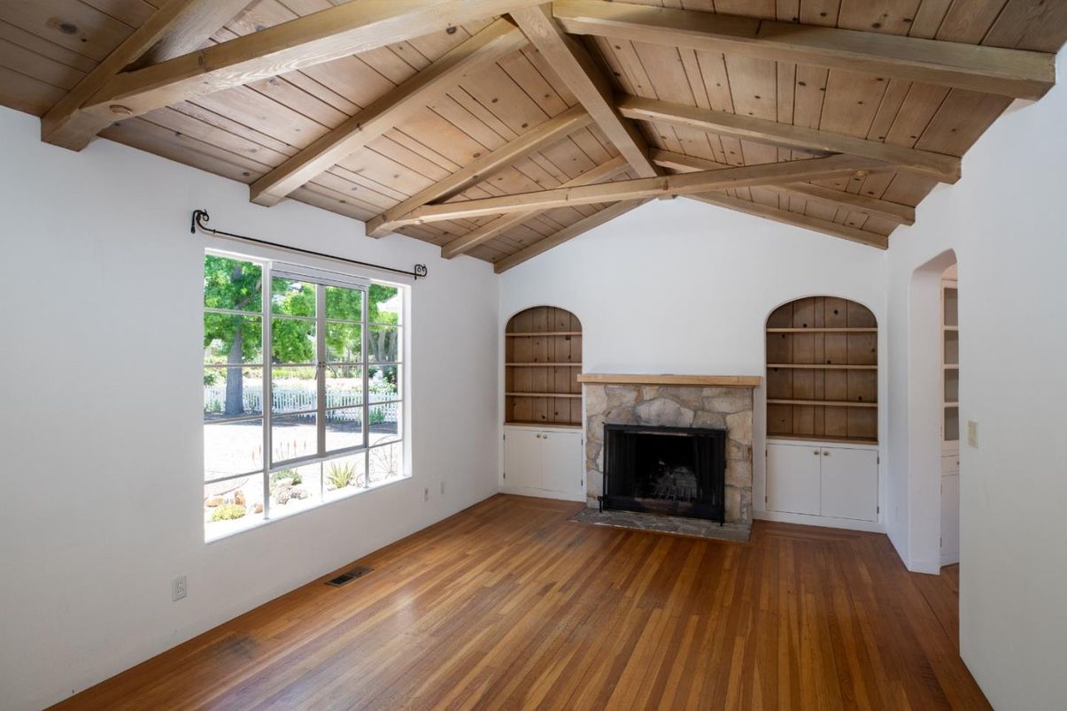 Empty room, Fireplace, Interior, Wooden Beams, Wooden Ceilings, Wood Texture Flooring