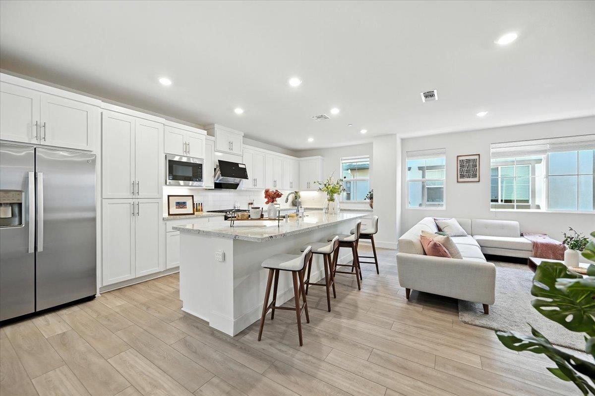 Interior, Kitchen, Living room, Recessed Lighting, Stainless Steel Appliances, Wood Texture Flooring