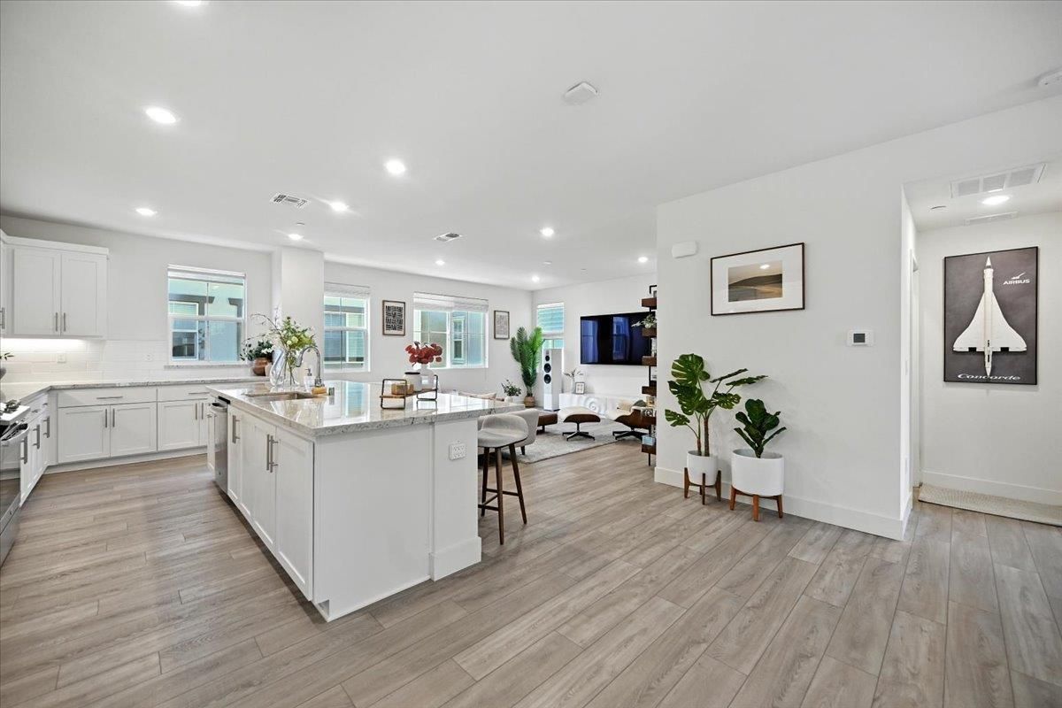 Interior, Kitchen, Living room, Recessed Lighting, Wood Texture Flooring