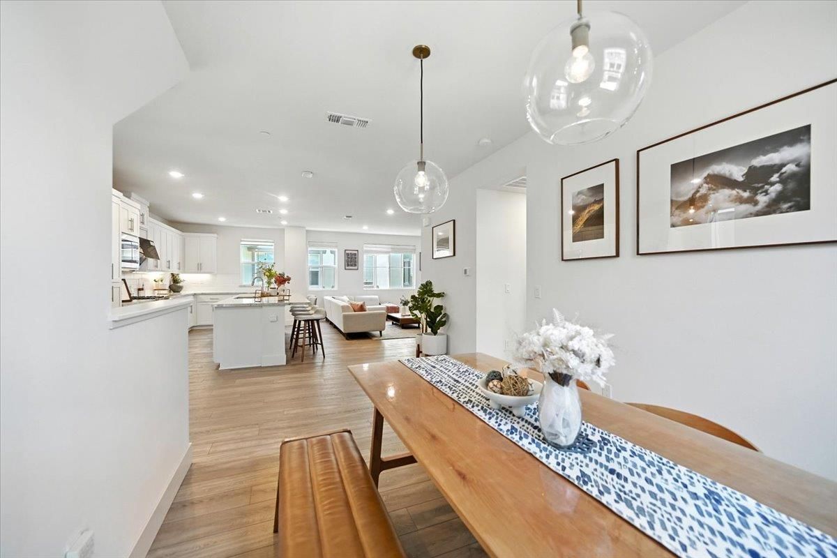 Dining room, Interior, Kitchen, Living room, Pendant Lights, Recessed Lighting, Wood Texture Flooring