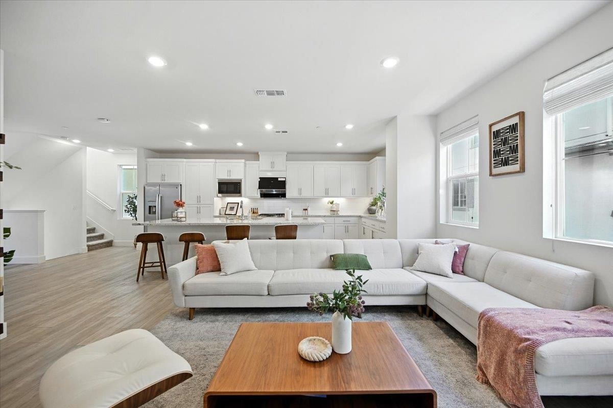 Interior, Kitchen, Living room, Recessed Lighting, Stainless Steel Appliances, Wood Texture Flooring