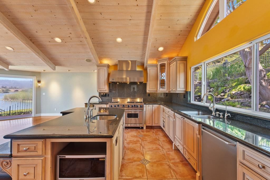 Interior, Kitchen, Recessed Lighting, Stainless Steel Appliances, Water, Wooden Beams, Wooden Ceilings