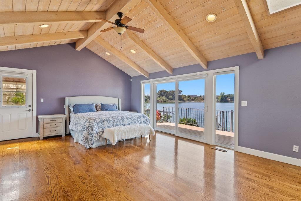 Bedroom, Interior, Recessed Lighting, Water, Wooden Beams, Wooden Ceilings, Wood Texture Flooring