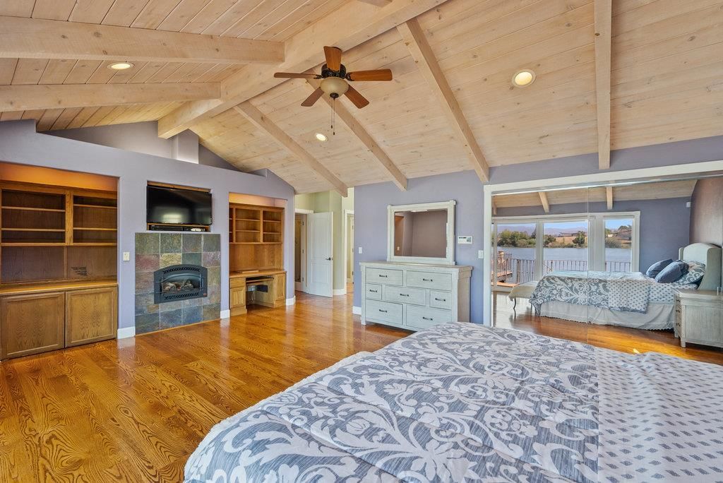 Bedroom, Fireplace, Interior, Recessed Lighting, Wooden Beams, Wooden Ceilings, Wood Texture Flooring