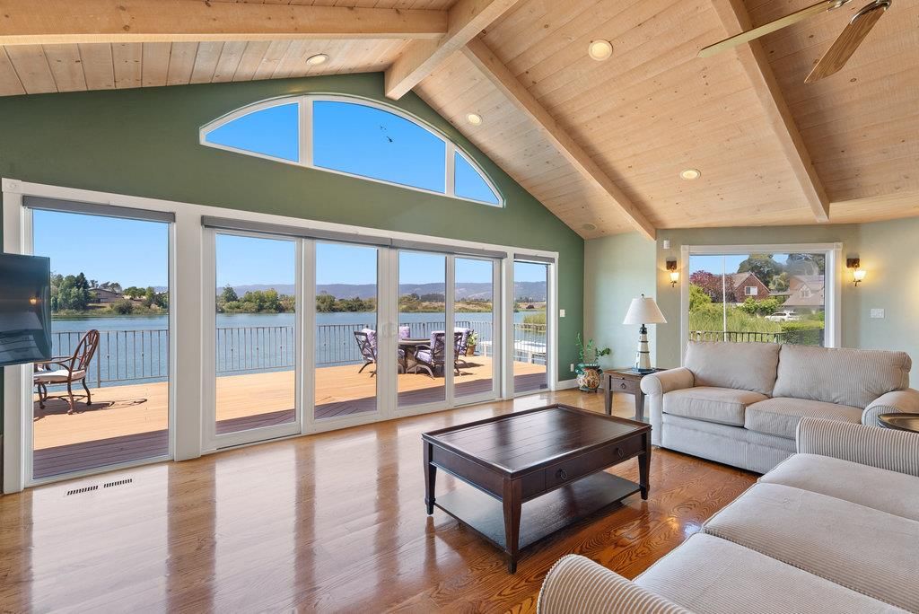 Interior, Living room, Recessed Lighting, Water, Wooden Beams, Wooden Ceilings, Wood Texture Flooring
