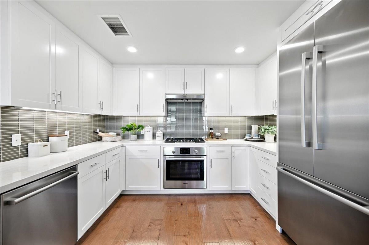 Interior, Kitchen, Recessed Lighting, Stainless Steel Appliances, Wood Texture Flooring