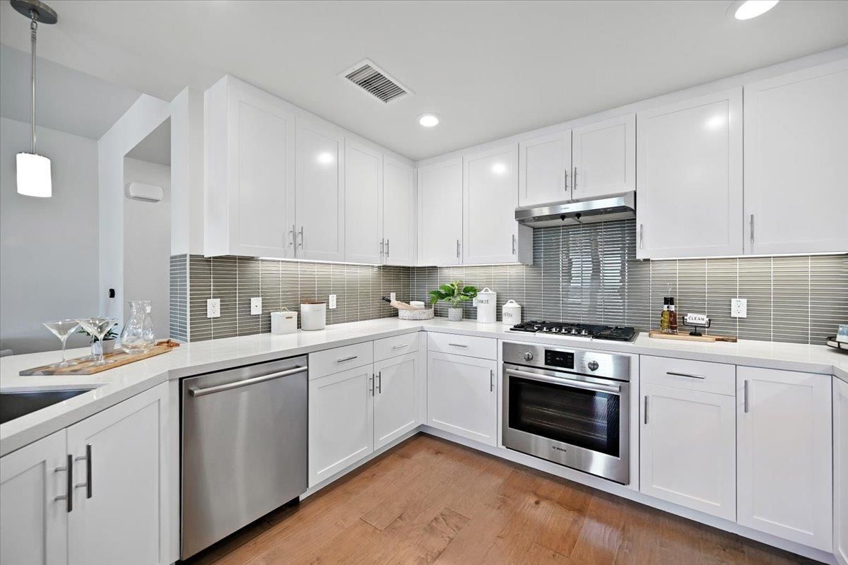 Interior, Kitchen, Recessed Lighting, Stainless Steel Appliances, Wood Texture Flooring
