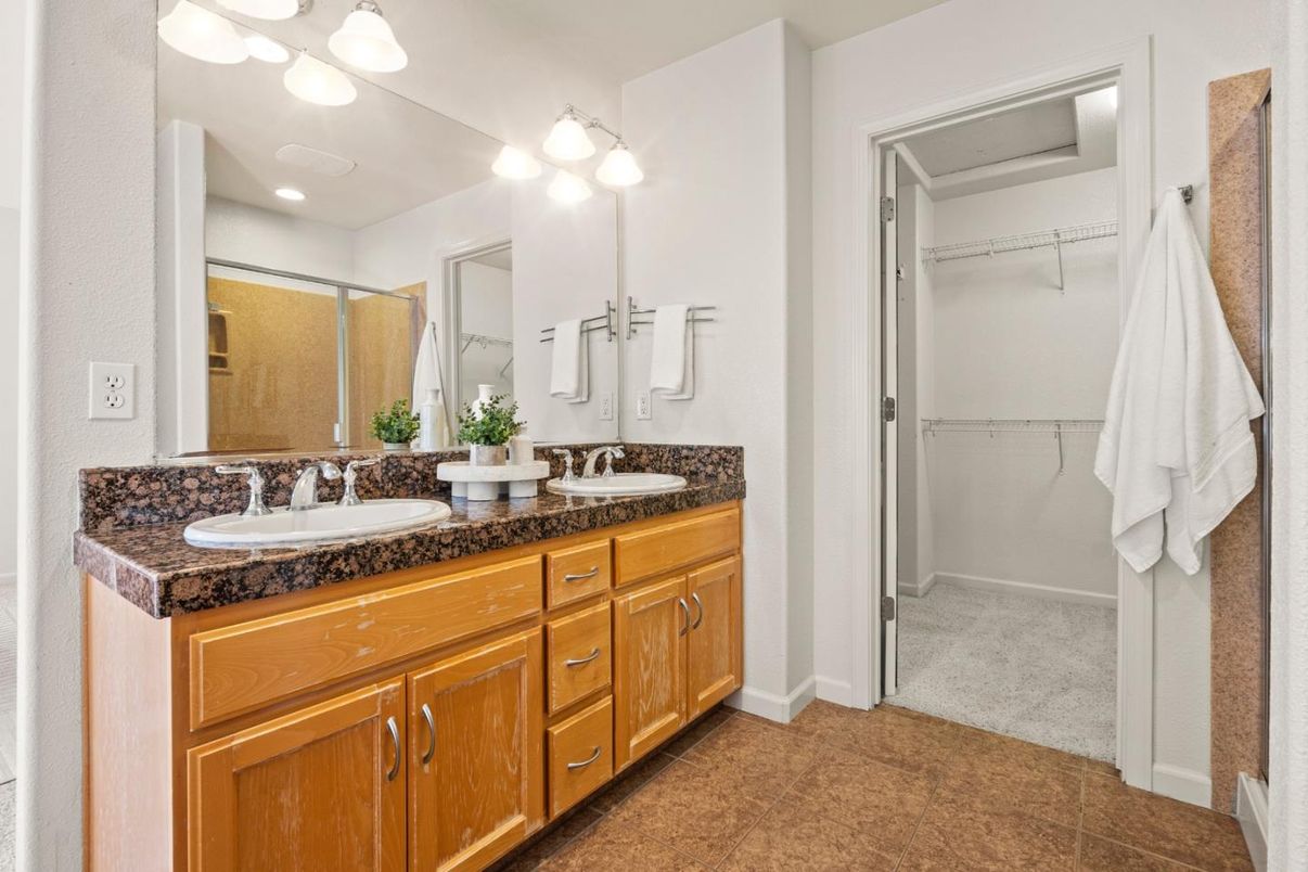 Bathroom, Dual Sink Vanities, Interior, Recessed Lighting, Walk-in Closets