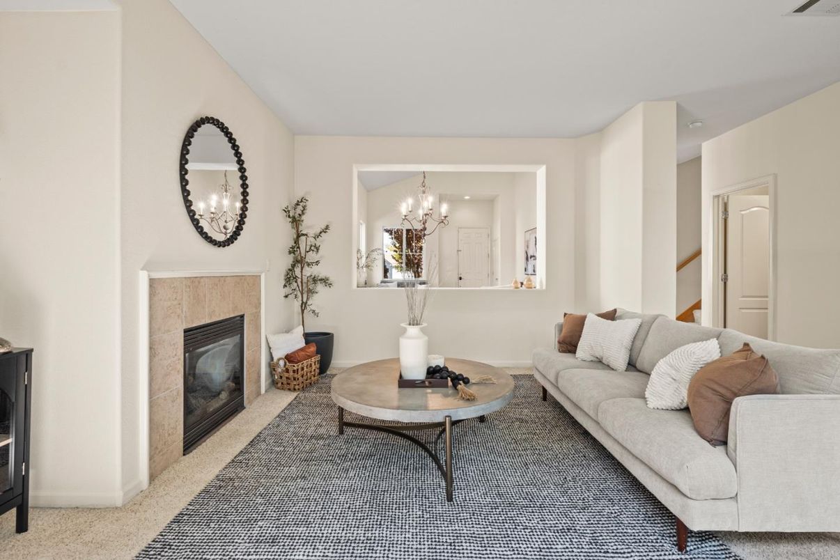 Chandelier, Fireplace, Interior, Living room