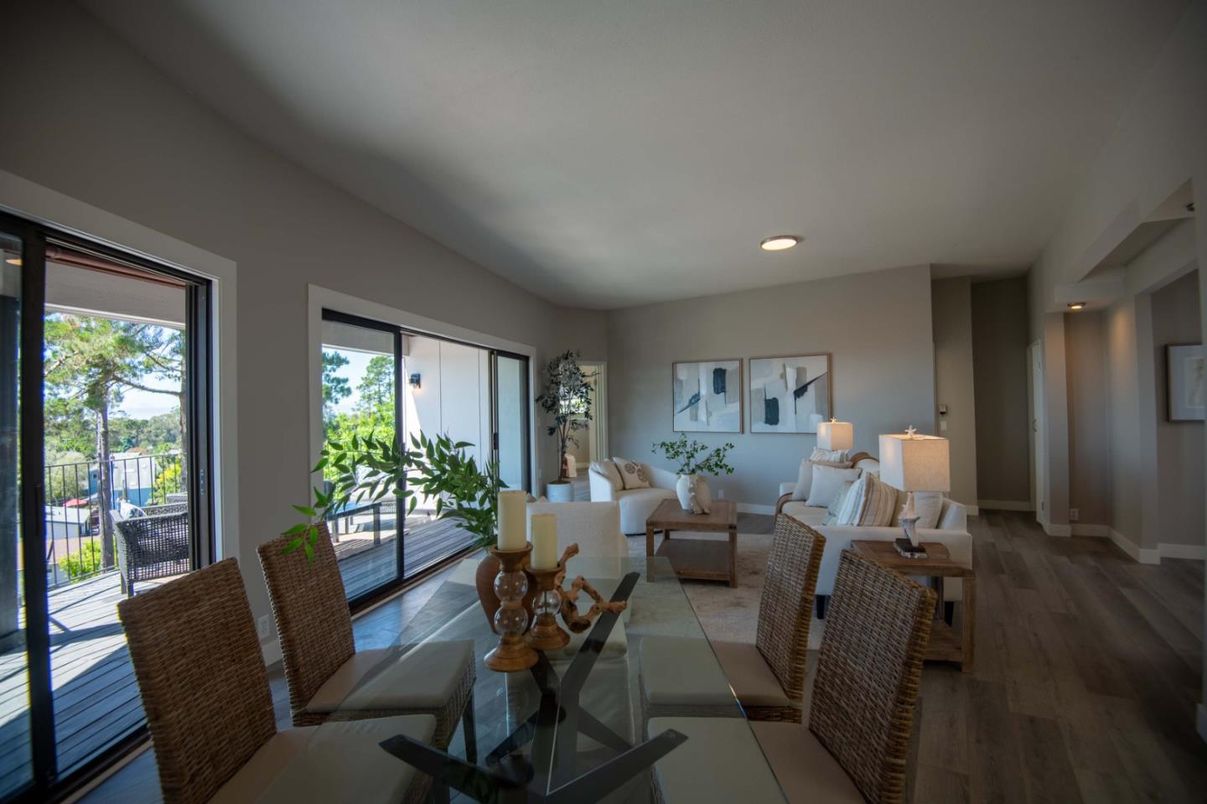 Dining room, Interior, Living room, Recessed Lighting, Wood Texture Flooring