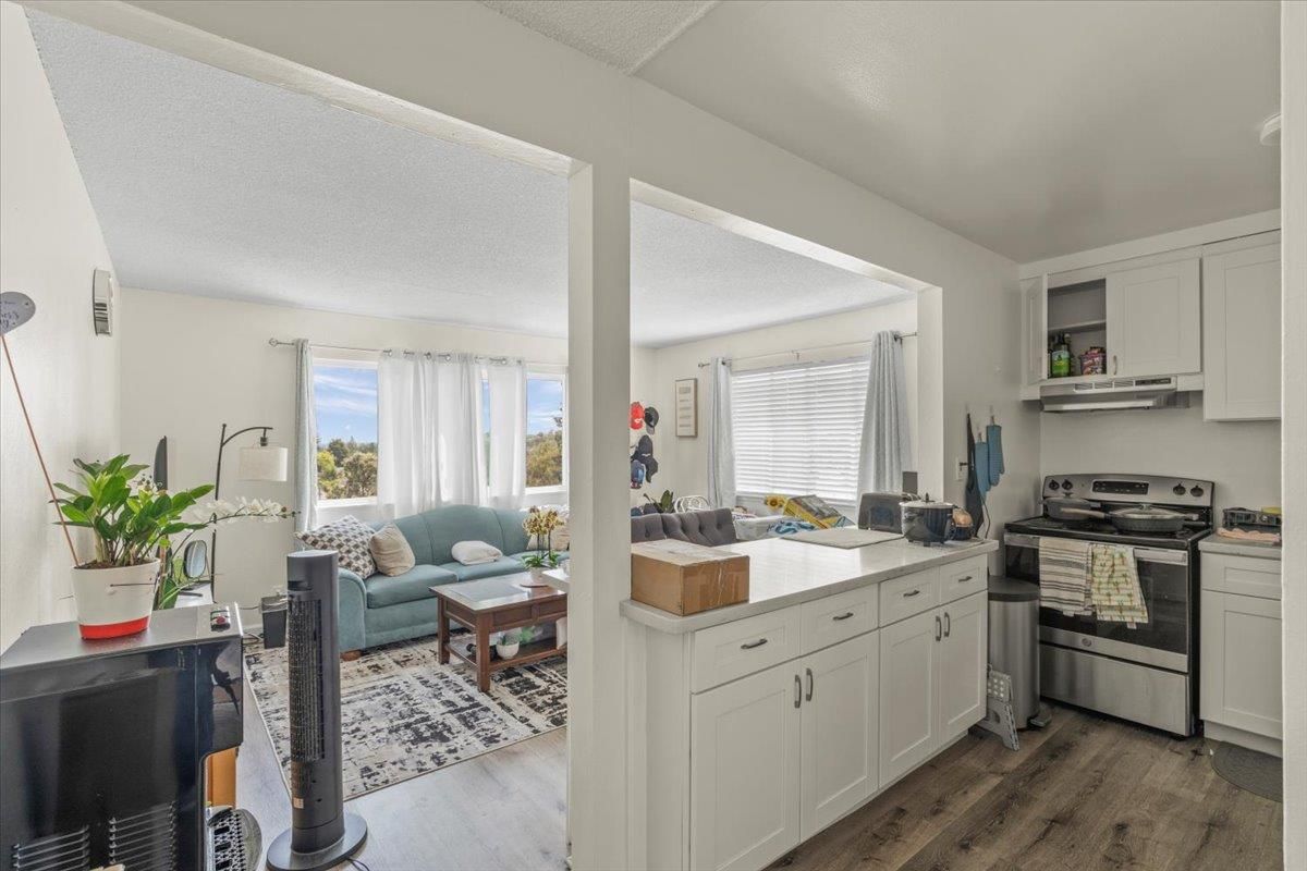 Interior, Kitchen, Living room, Stainless Steel Appliances, Wood Texture Flooring
