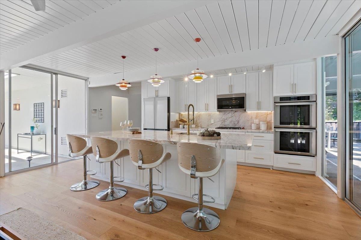 Interior, Kitchen, Pendant Lights, Stainless Steel Appliances, Wood Texture Flooring