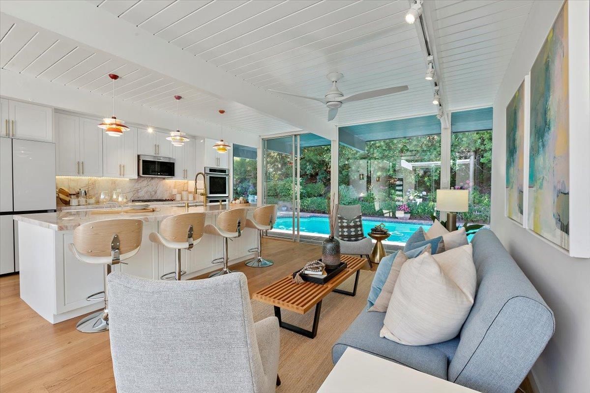 Interior, Kitchen, Living room, Pendant Lights, Wood Texture Flooring