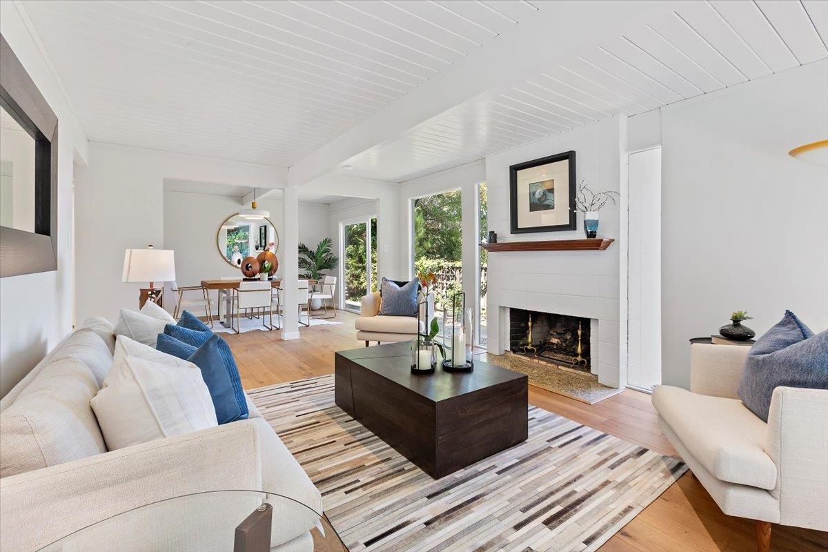Dining room, Fireplace, Interior, Living room, Wood Texture Flooring