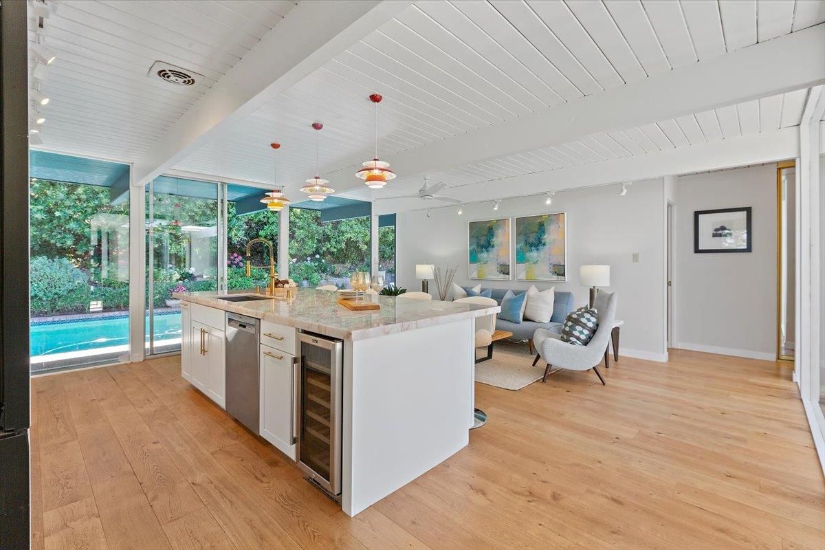 Interior, Kitchen, Living room, Pendant Lights, Recessed Lighting, Stainless Steel Appliances, Wood Texture Flooring