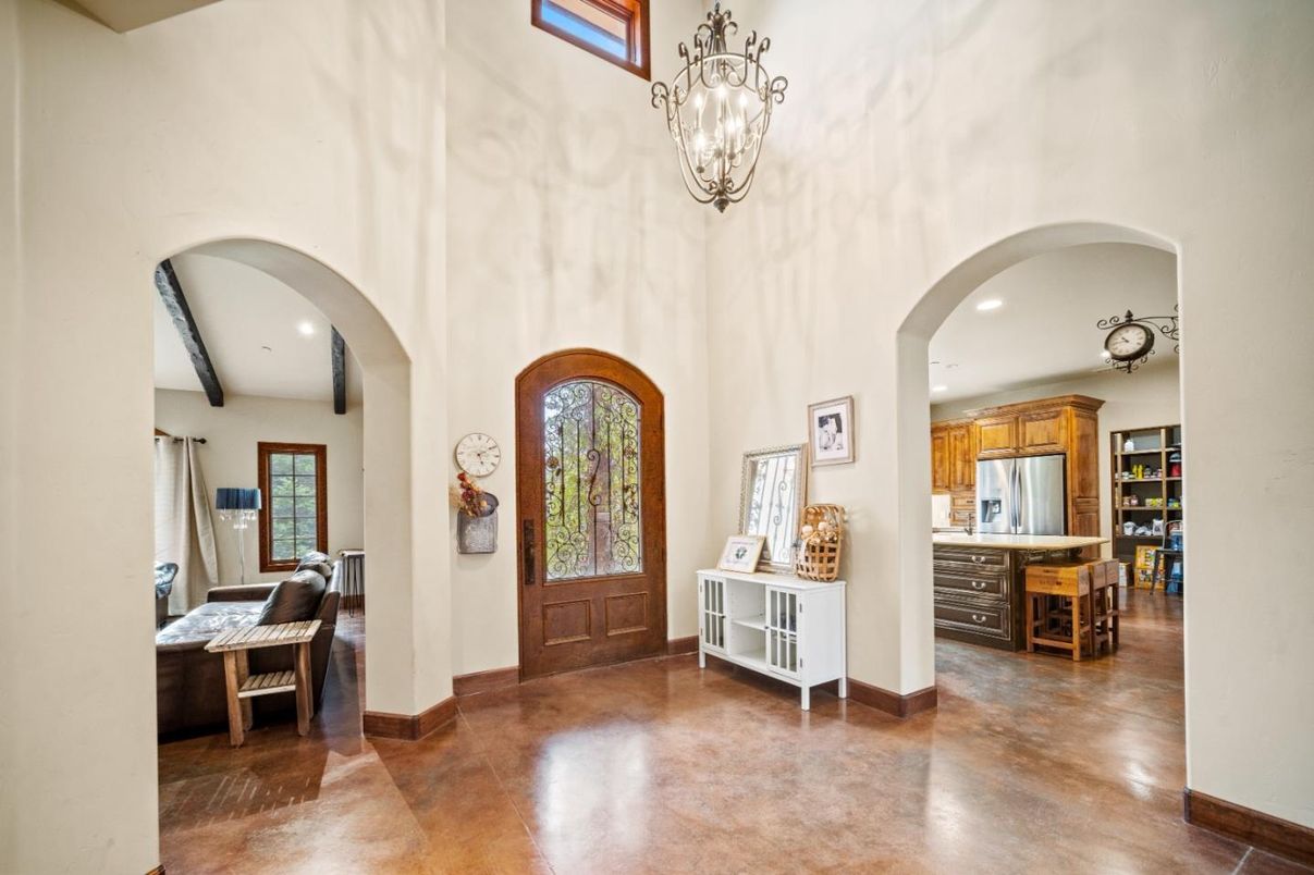 Chandelier, Interior, Kitchen, Pendant Lights, Recessed Lighting, Stainless Steel Appliances, Wooden Beams