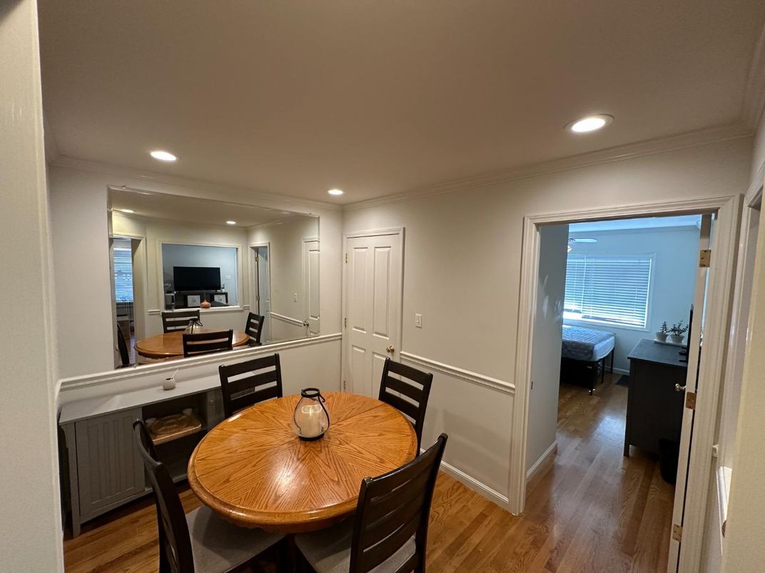 Dining room, Interior, Recessed Lighting, Wood Texture Flooring