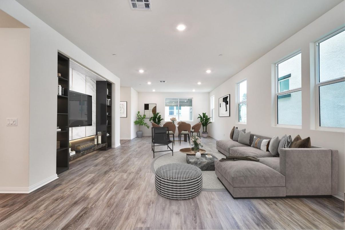 Dining room, Fireplace, Interior, Living room, Recessed Lighting, Wood Texture Flooring