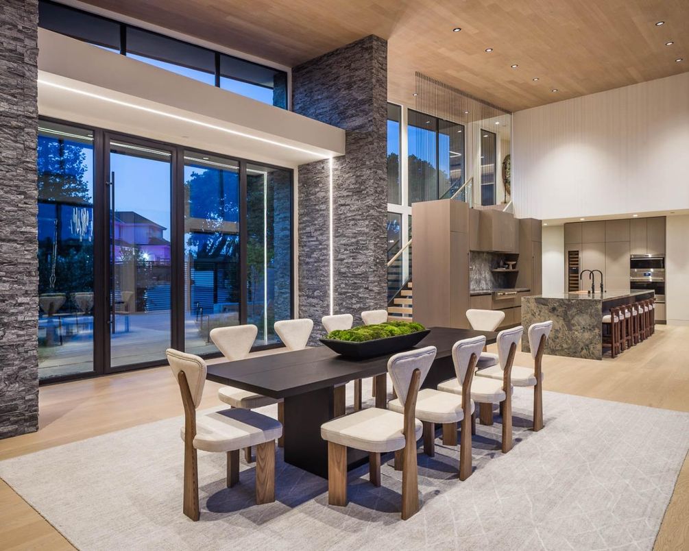 Dining room, Fireplace, Interior, Kitchen, Pendant Lights, Recessed Lighting, Stainless Steel Appliances, Wooden Ceilings, Wood Texture Flooring