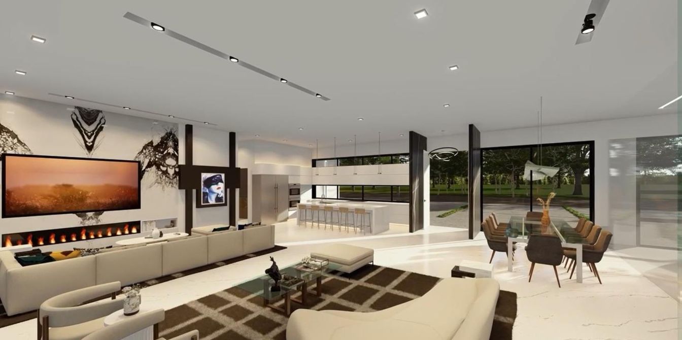 Dining room, Fireplace, Interior, Living room, Pendant Lights, Recessed Lighting