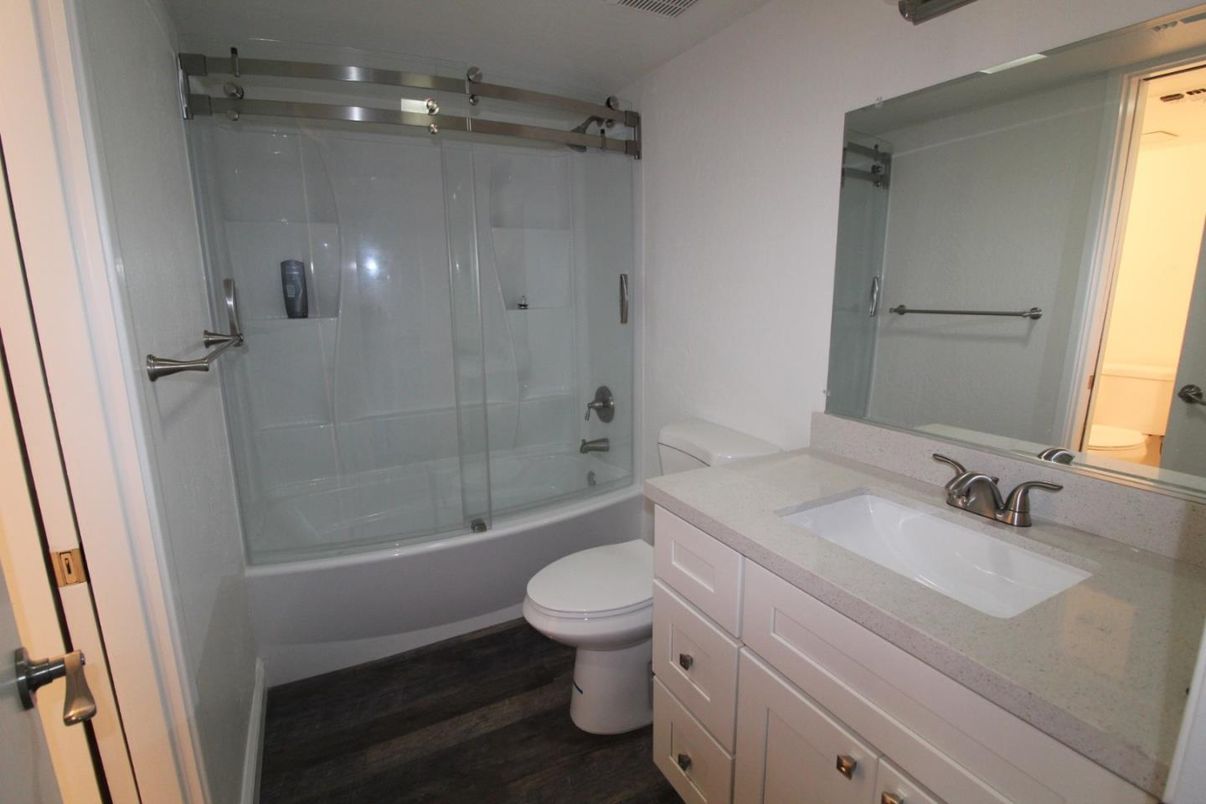 Bathroom, Glass Shower, Interior, Wood Texture Flooring