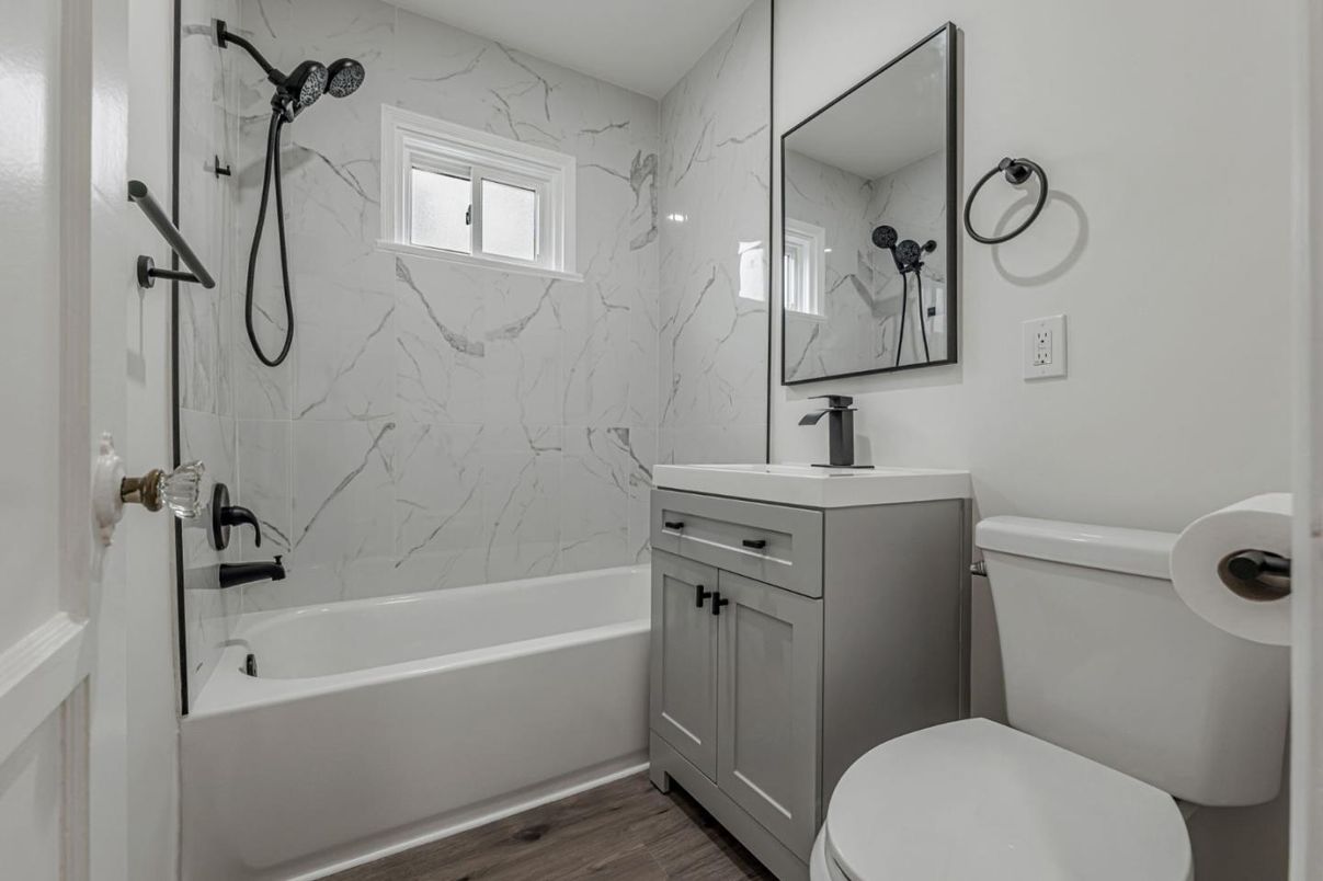Bathroom, Interior, Marble Walls, Wood Texture Flooring