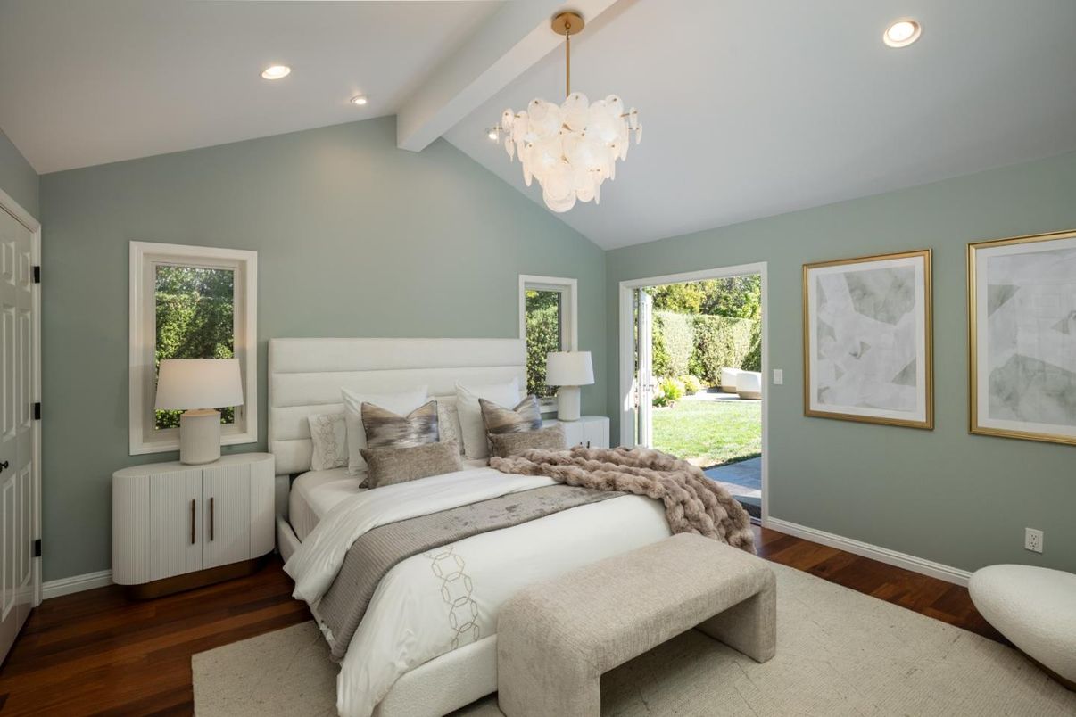 Bedroom, Chandelier, Interior, Recessed Lighting, Wood Texture Flooring