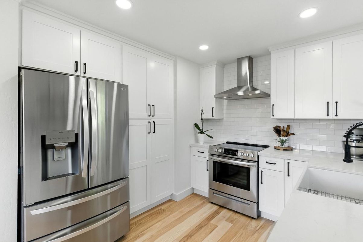 Interior, Kitchen, Recessed Lighting, Stainless Steel Appliances, Wood Texture Flooring
