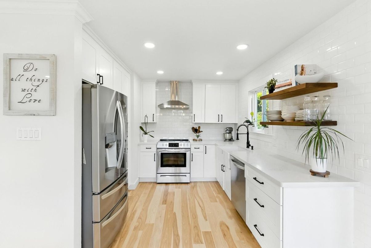 Interior, Kitchen, Recessed Lighting, Stainless Steel Appliances, Wood Texture Flooring