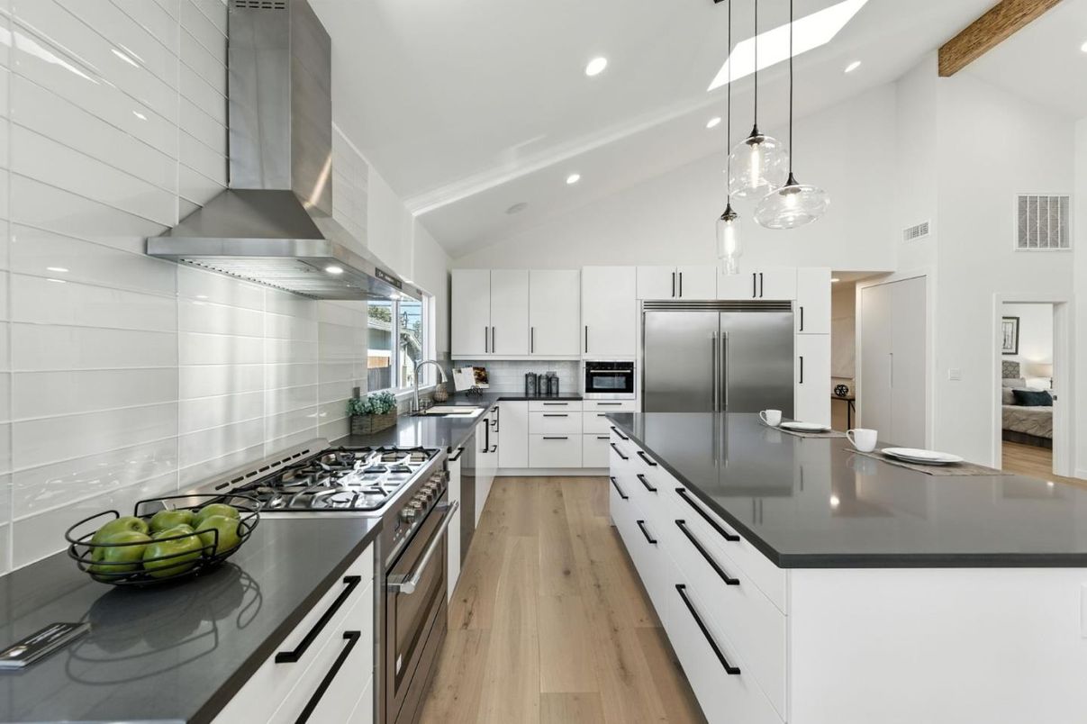 Interior, Kitchen, Pendant Lights, Recessed Lighting, Stainless Steel Appliances, Wooden Beams, Wood Texture Flooring