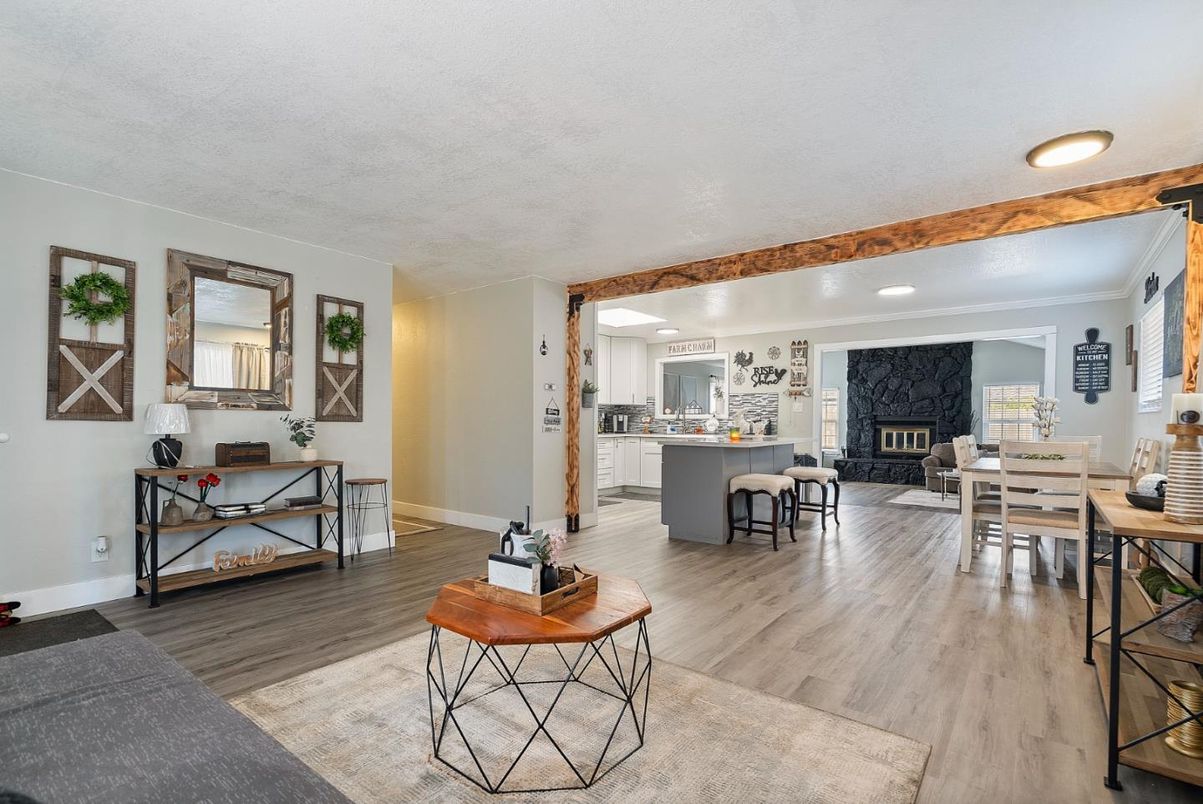 Dining room, Fireplace, Interior, Kitchen, Recessed Lighting, Wood Texture Flooring