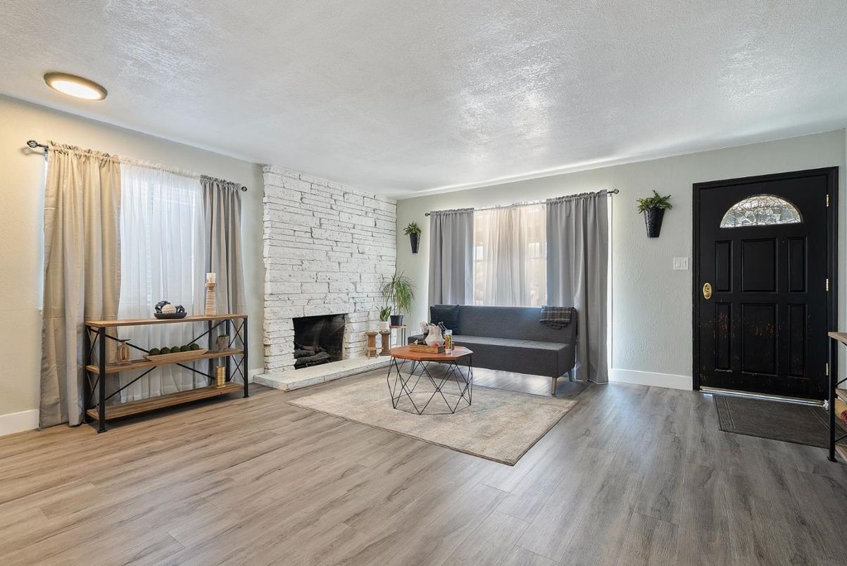 Fireplace, Interior, Recessed Lighting, Stone Walls, Wood Texture Flooring