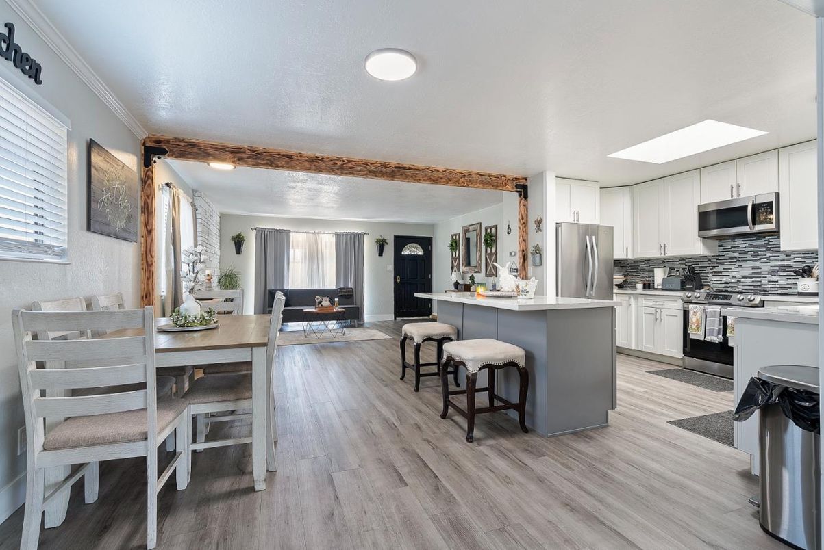 Dining room, Interior, Kitchen, Recessed Lighting, Stainless Steel Appliances, Wood Texture Flooring