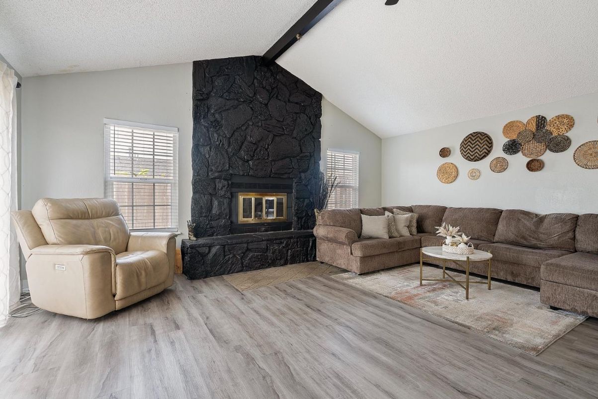 Fireplace, Interior, Living room, Stone Walls, Wood Texture Flooring