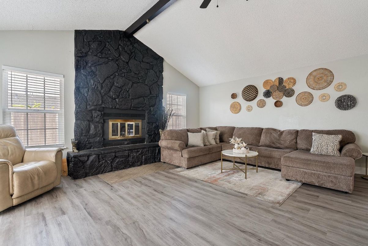 Fireplace, Interior, Living room, Stone Walls, Wood Texture Flooring