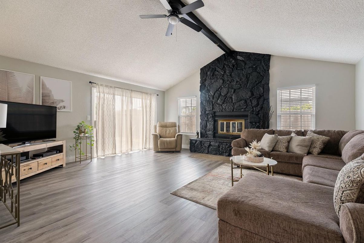 Fireplace, Interior, Living room, Stone Walls, Wood Texture Flooring