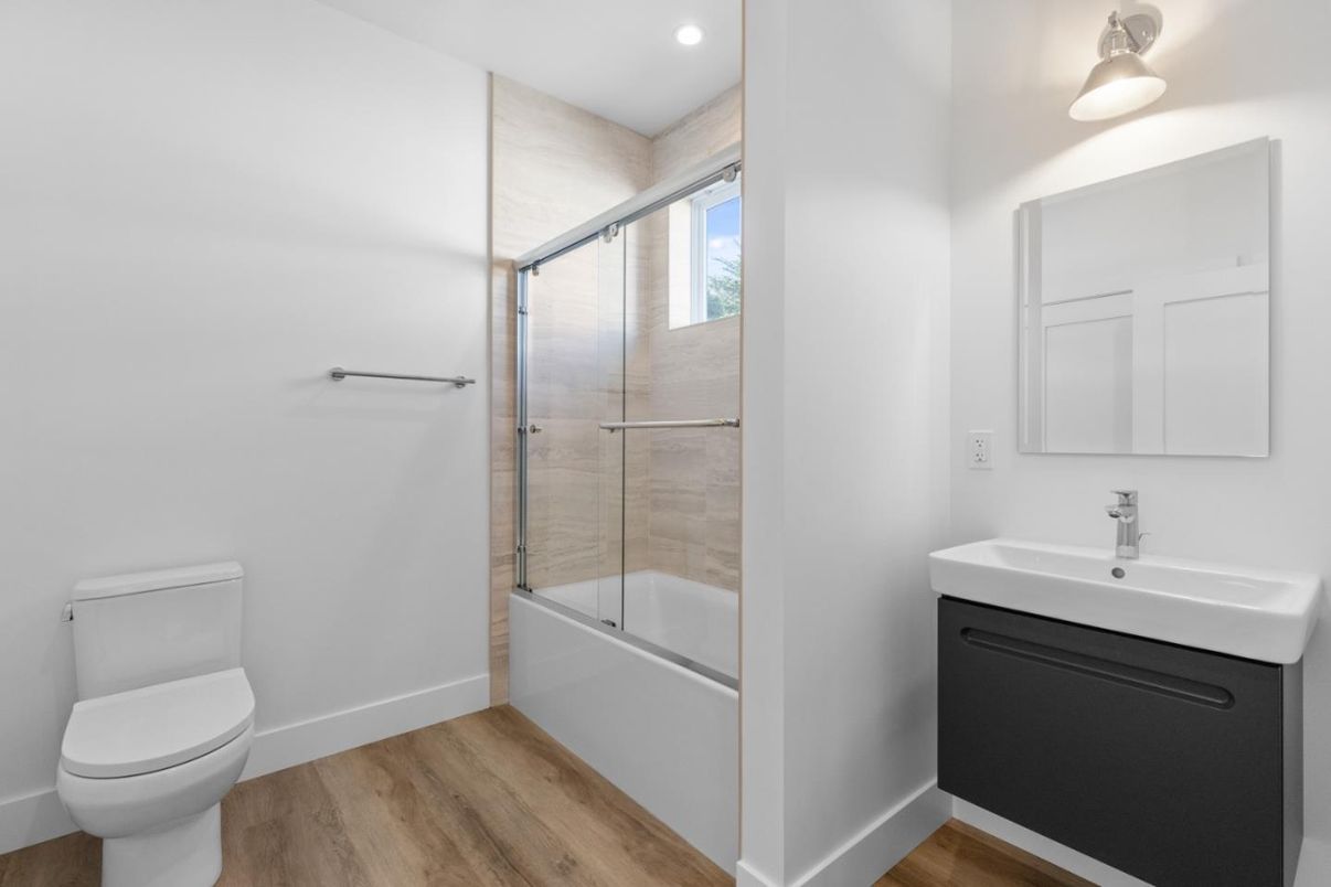 Bathroom, Glass Shower, Interior, Recessed Lighting, Wood Texture Flooring