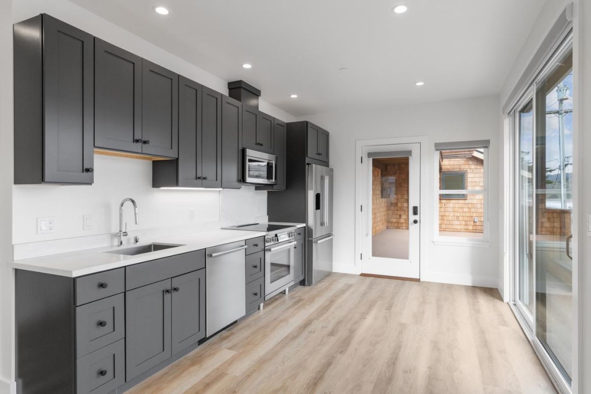 Interior, Kitchen, Recessed Lighting, Stainless Steel Appliances, Wood Texture Flooring