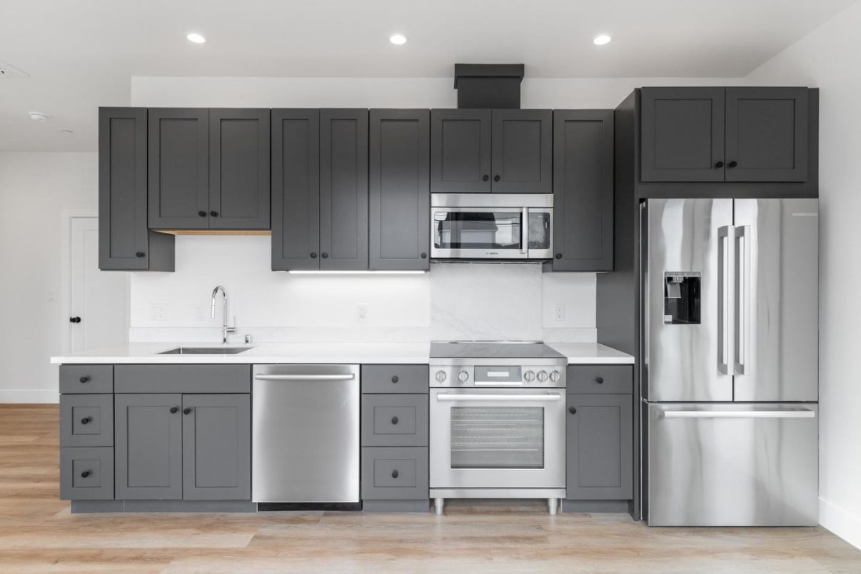 Interior, Kitchen, Recessed Lighting, Stainless Steel Appliances, Wood Texture Flooring