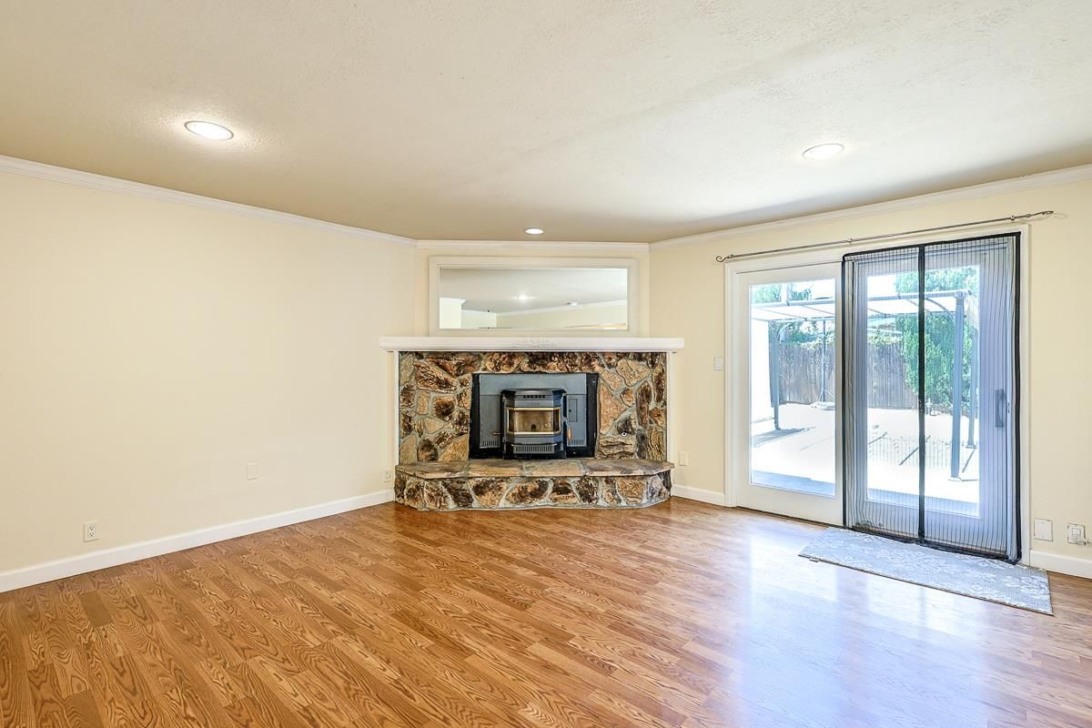 Empty room, Fireplace, Interior, Recessed Lighting, Wood Texture Flooring