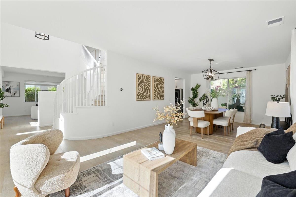 Dining room, Interior, Living room, Pendant Lights, Wood Texture Flooring