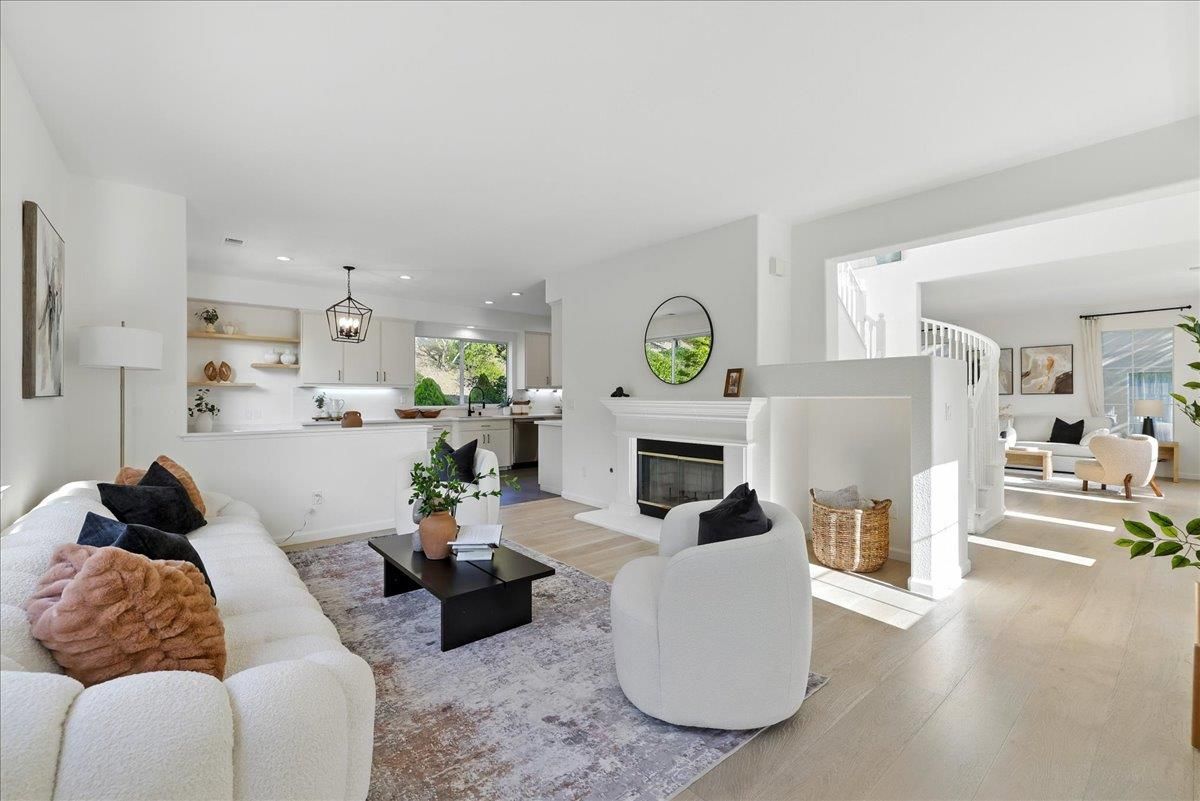 Fireplace, Interior, Kitchen, Living room, Pendant Lights, Recessed Lighting, Wood Texture Flooring